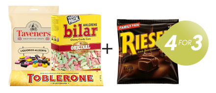 Få den fjerde vare gratis - hold øje med de grønne mærkater 4-for-3 på udvalgte ting til den søde tand
